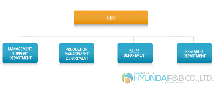 CEO, Management Support Department, Production Management Department, Sales Department, Research Department